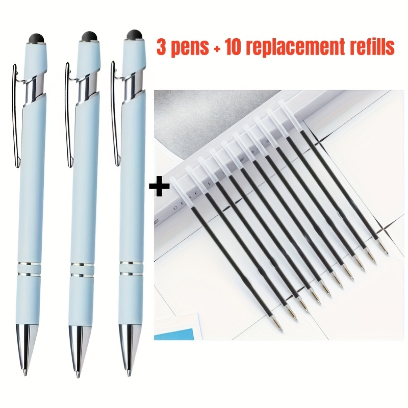 TEMU 13pcs Premium Morandi Blue Retractable Ballpoint Pen Set, Containing 3 Pens And 10 Refills, Featuring Touchscreen-compatible Tips - Smooth