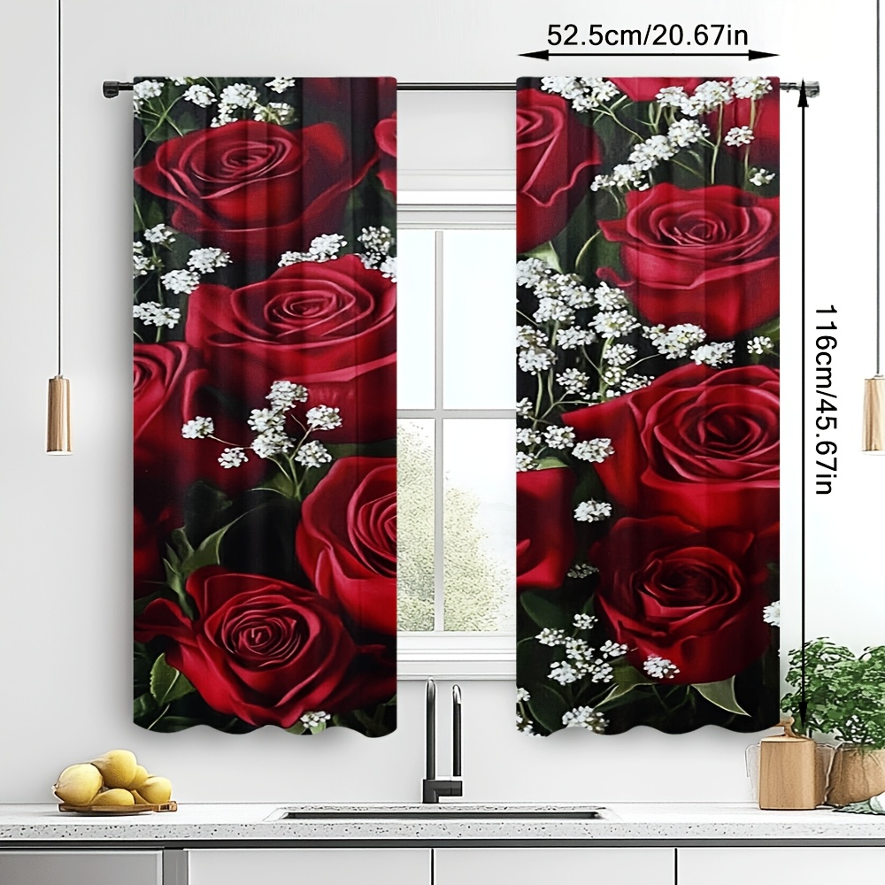 TEMU 2pcs Valentine's Day Roses Door Curtains - Semi-transparent, Rod , Vibrant Red Roses & White Flowers Design, Living Room, Bedroom, Or Study