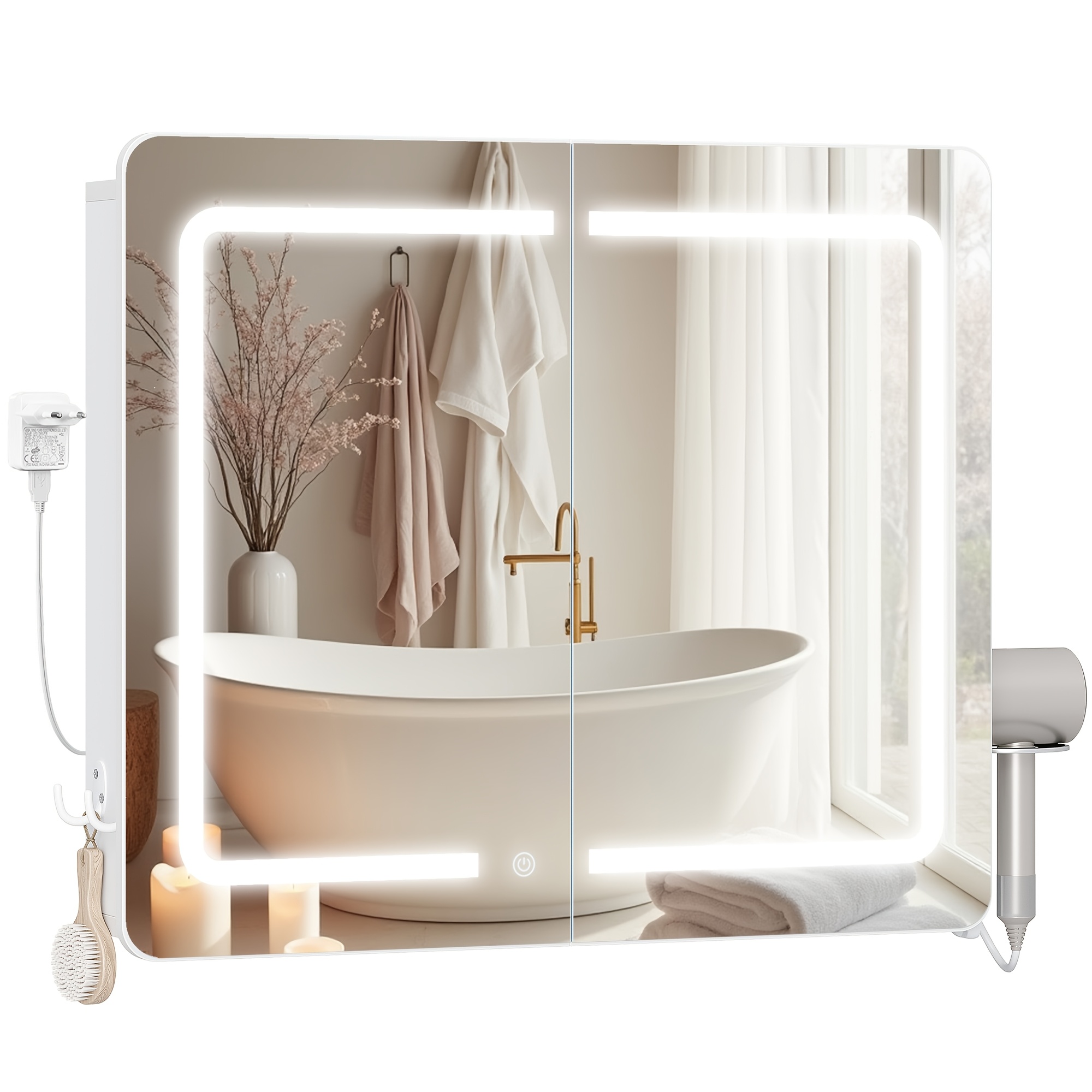 TEMU Tallapies con Espejo y Iluminación LED, Espejo de Baño con Almacenamiento, 3 Temperaturas de Color, Regulable, Armario de Baño con Espejo y