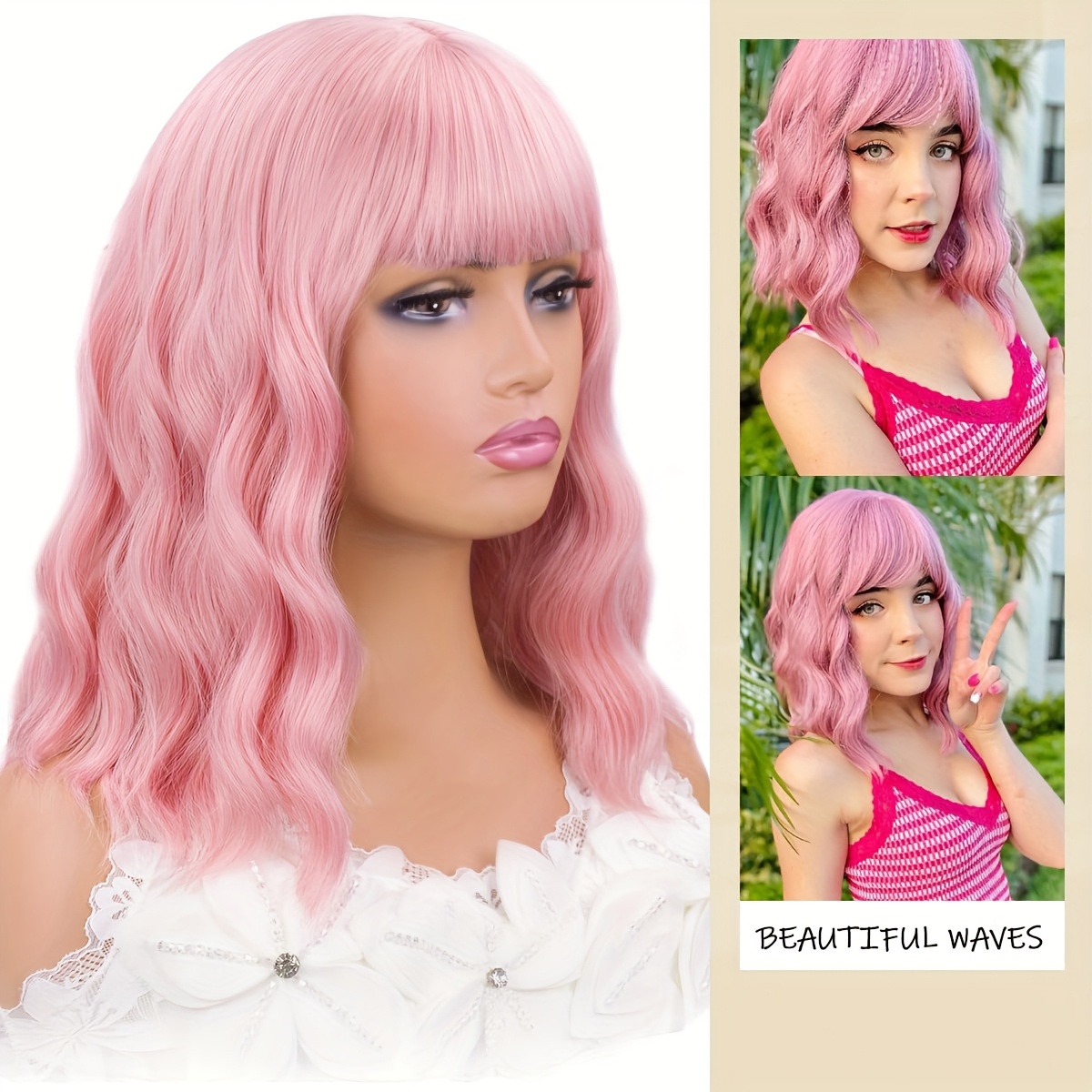 chic pink bob wig women short curly wavy synthetic hair Temu New