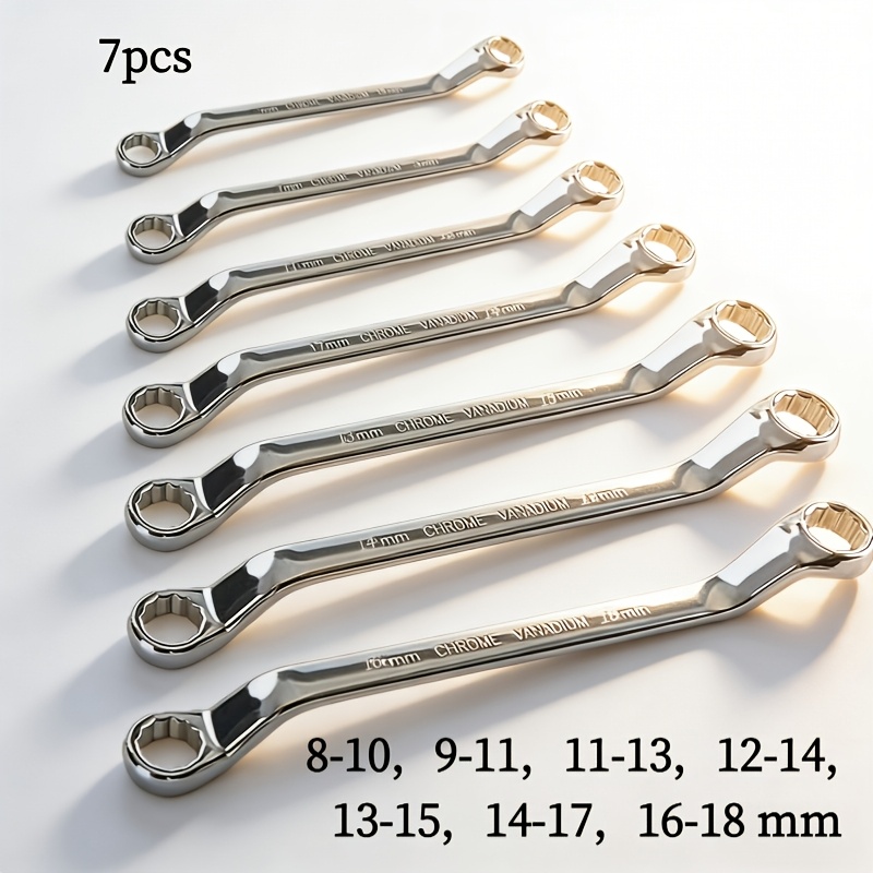 TEMU 7pcs Premium Chrome Vanadium Double Offset Ring Spanner Set - 8~18mm Metric Wrench Kit For Automotive & Industrial Repairs