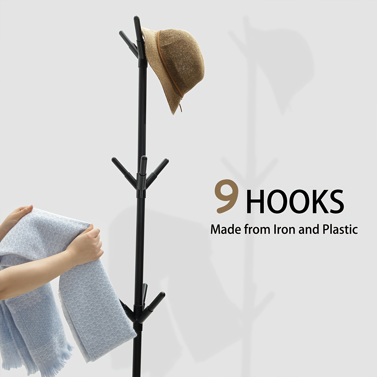 Coat Rack Designed Featuring 9 Hooks, Made Of Metal And Freestanding. This Lightweight Coat Tree Is Constructed From Iron And Plastic, In 3 Adjustable Sizes. It Has A Triangular Design