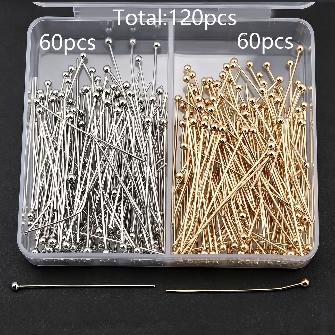 TEMU 60/120/240 piezas de alfileres de cabeza para hacer joyas DIY KC dorados, blancos K, alfileres de de , alfileres de abalorios flexibles y
