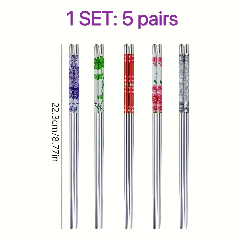 TEMU 1 Set mit 5 Paar Edelstahl Essstäbchen - Wiederverwendbar, Blumenmuster Design, Leichte Rutschfeste Metall Essstäbchen für Essen Nudeln Sushi