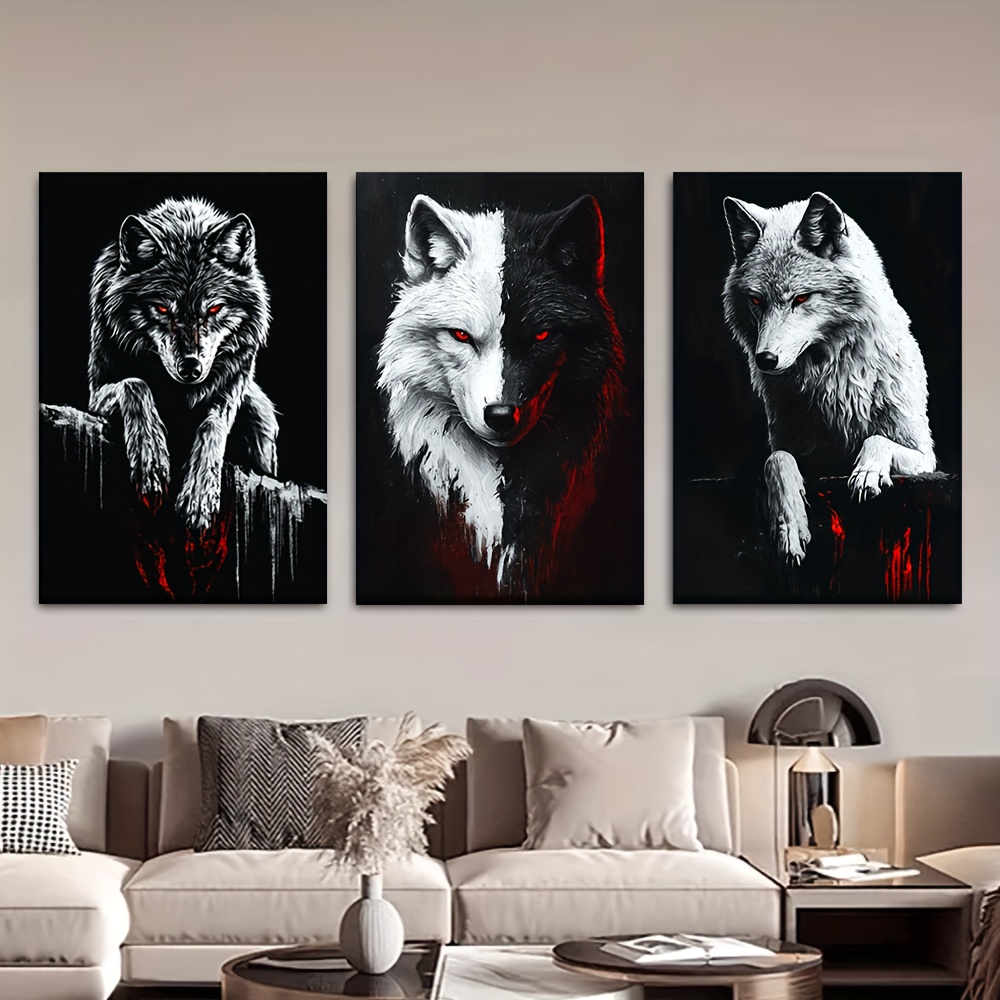TEMU 3pcs/set, Canvas Painting--unframed, Black Wolf And White Wolf, Posters And Prints, Living Room, Library, Office, Cafe, Bar, Abstract Art,