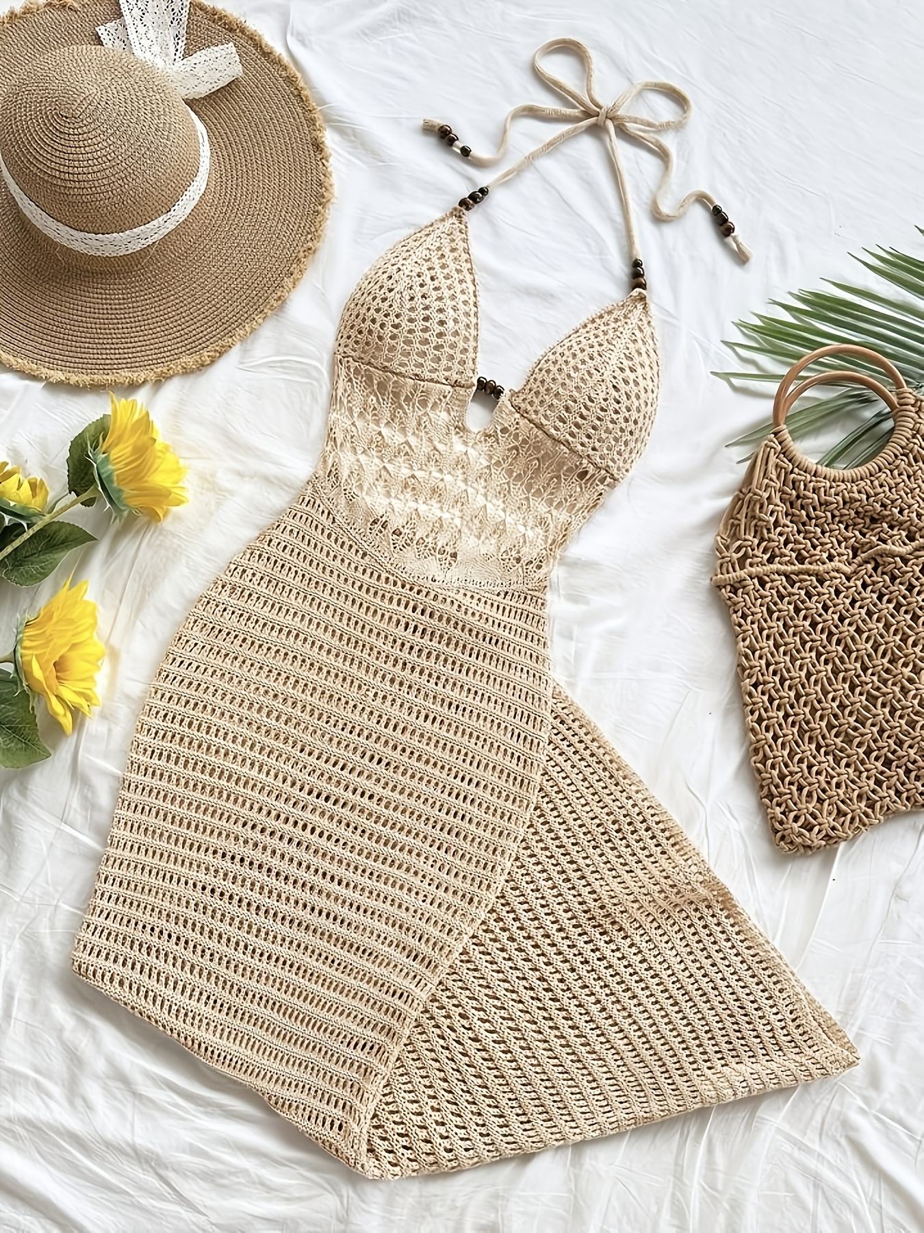 Women'S Spring And Summer Bohemian Style Khaki Halter Neck Crochet Long  Dress, Hollow Beach Cover-Up * Beach Vacations And * in Tropical And  Subtropical * Exuding *