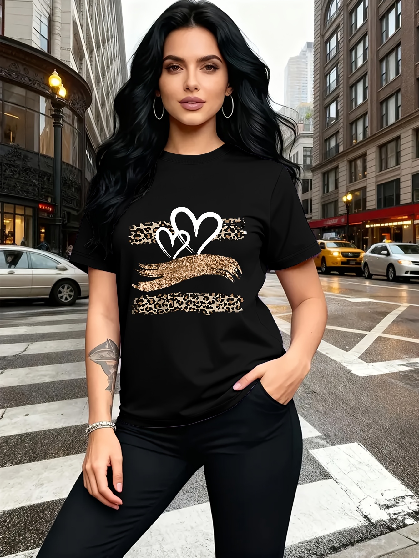 Leopard Print Heart Glitter-themed Pattern Print, Fashionable Breathable T-shirt, for Family Travel,, Casual S, Daily Commutes, Matching Outfits for Sisters, Versatile T-shirt 30057