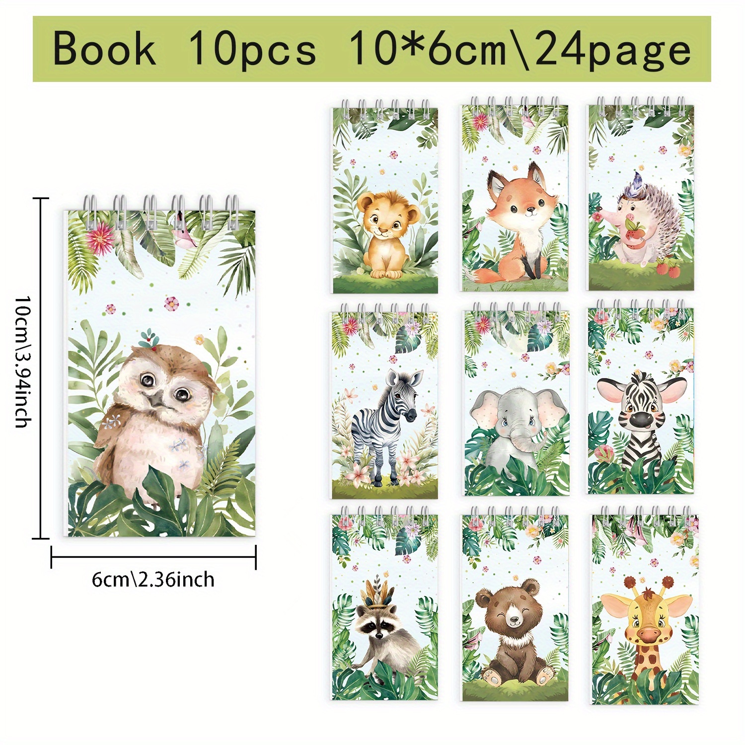 Image of 10 Mini Jungle Animal Memo Notebooks, Spiral Pocket Notebooks, Giraffe, Hedgehog, Rabbit, Owl Cover, Small Blank Drawing Notebooks, Gifts For Forest Animal Gatherings