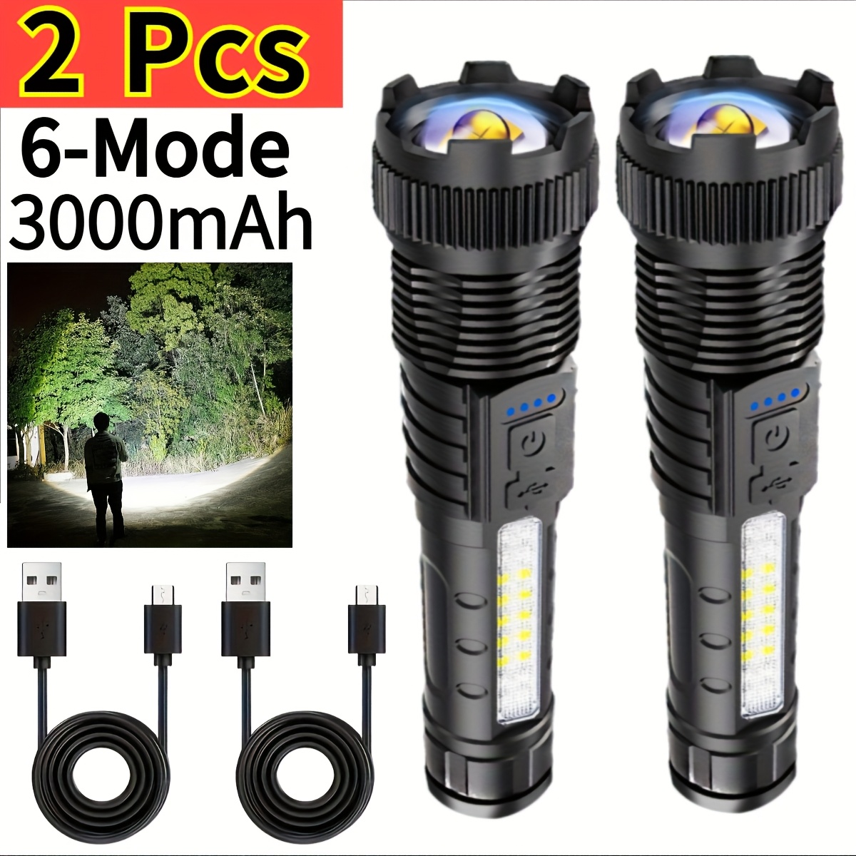 

1/2pcs Multifunctional Flashlights High Rechargeable Led Battery Powered With 6 Light , Cob Side Light, Usb C, , Powerful Handheld Flash Lights Emergency, Camping, , Led Flashlight