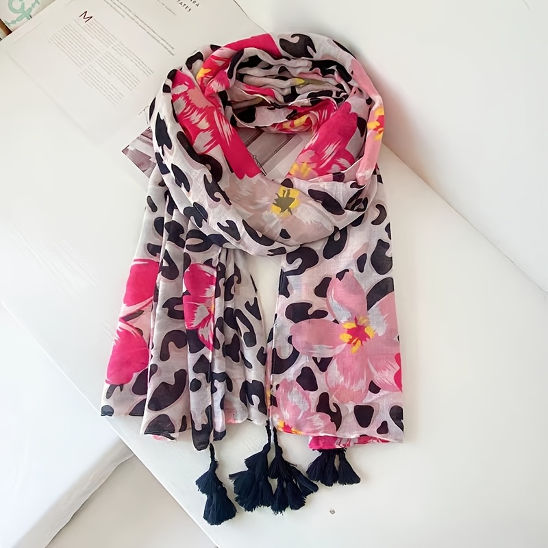 TEMU Spring/autumn Lightweight Sweet Cool Leopard Print Contrast Tassel Women's Shawl, Scarf, Neck Accessory, Neck Wrap, Long Scarf, With A Sense Of