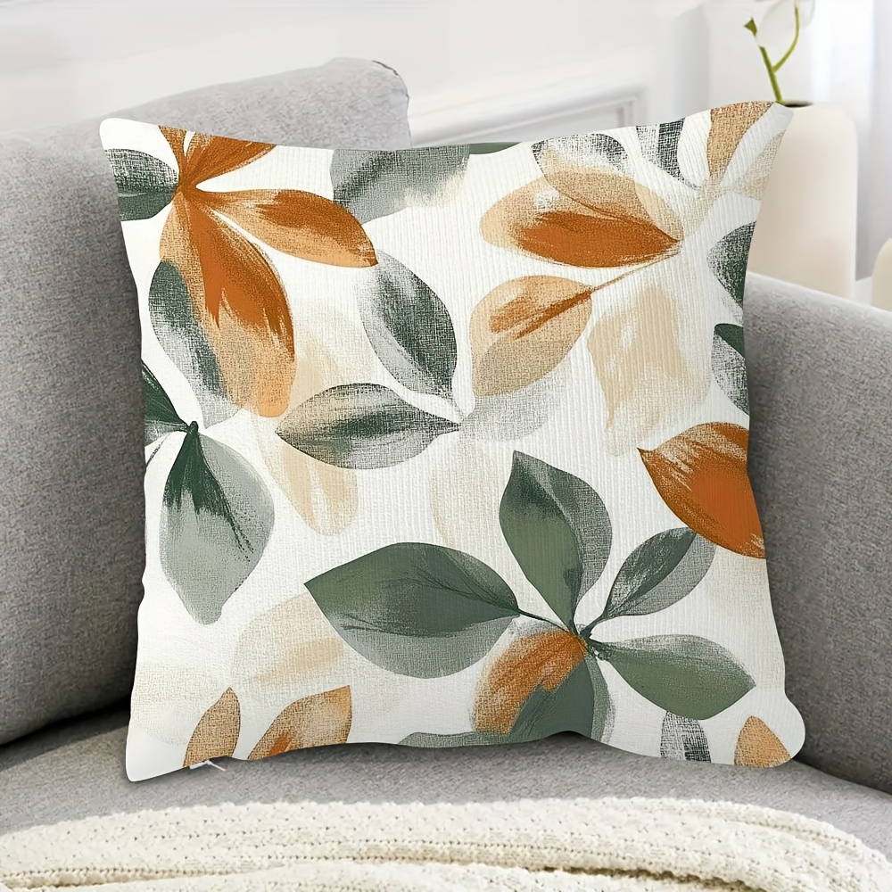 TEMU 1pc, Double Sided Soft Short Plush Throw Pillow Cover 18x18inch, Abstract Leaves In Sage Green, Rust Orange, Soft And Durable, Suitable For