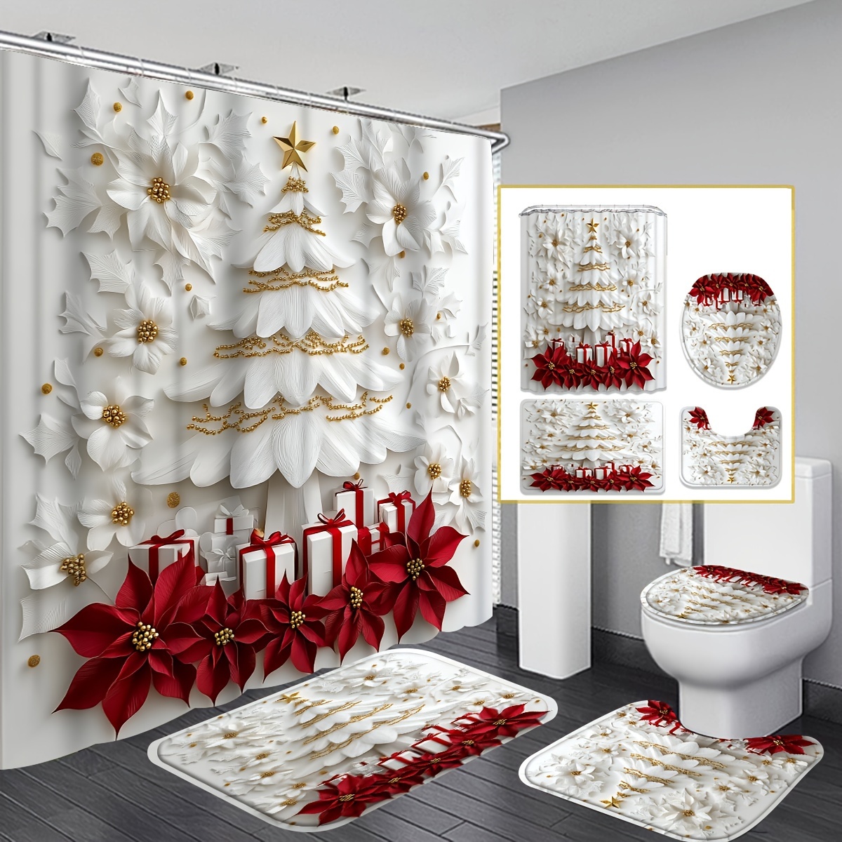 

1/4pcs Christmas Decoration Shower Curtain Set, 3d Christmas Tree Shaped Shower Curtain, Polyester Shower Curtain, Contains 12 Bath U-shaped , Christmas