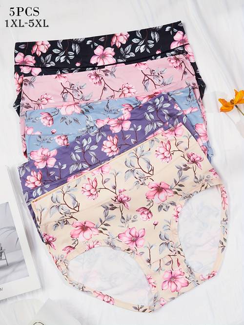 5 stk. dame plus size trusser printet blomstret elegant stor trekant trusser