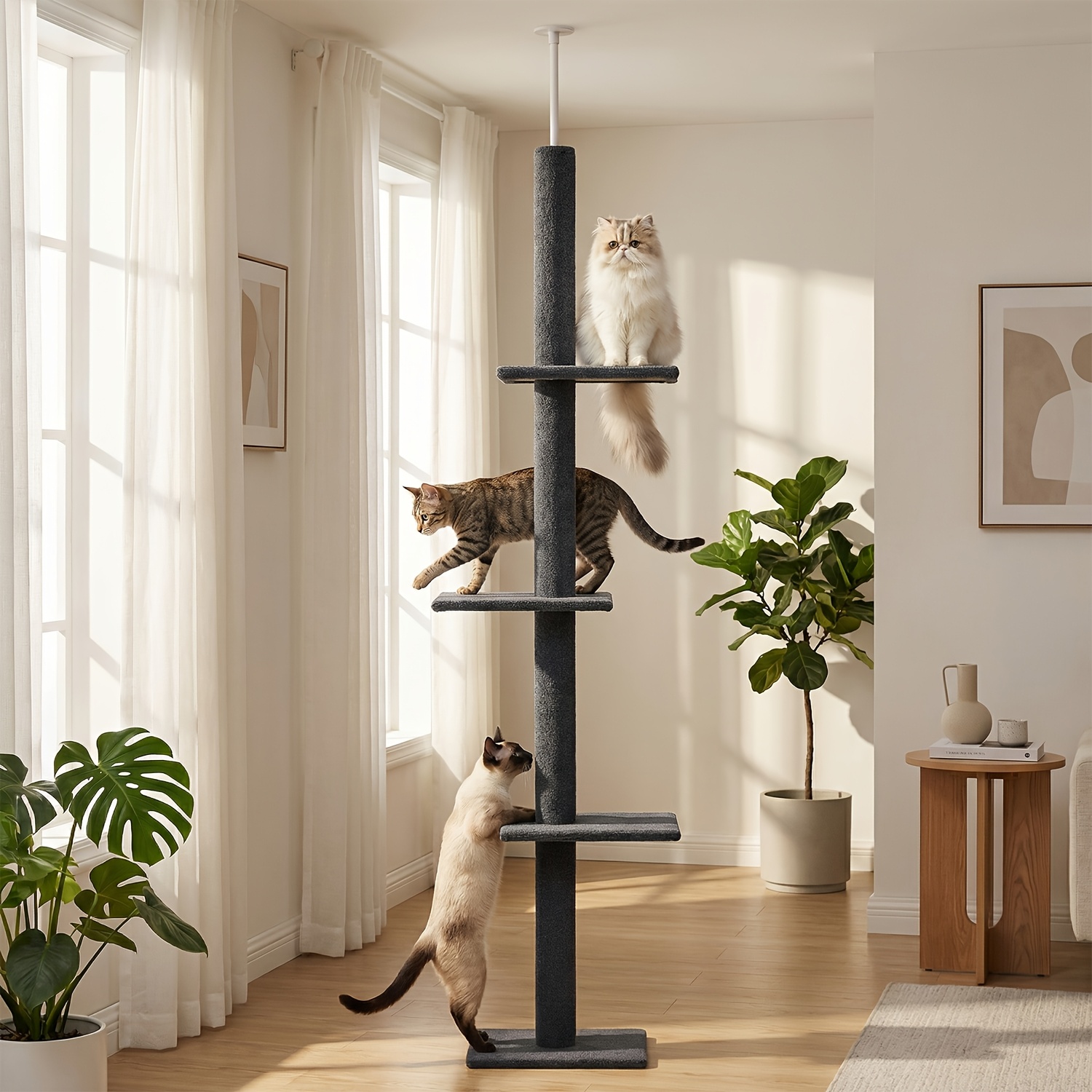 Road Floor To Ceiling Cat Tree For Indoor Cats, Adjustable Height 228-273 Cm Tall Cat Tower With 3 Spacious Platforms, Dark Grey Scratching Post, Space- Cat For Apartments
