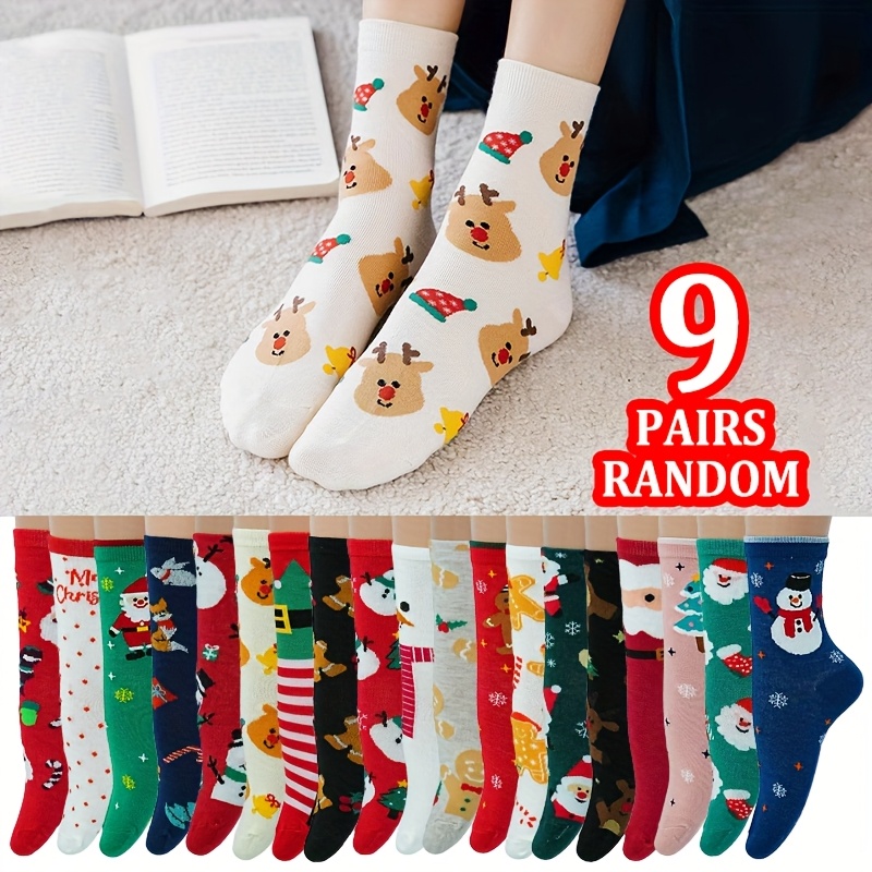 TEMU Lot aléatoire de 9/16 paires de chaussettes pour adolescent, motif dessin sur le thème de Noël avec en pain d'épices, Père Noël, de neige, sapin