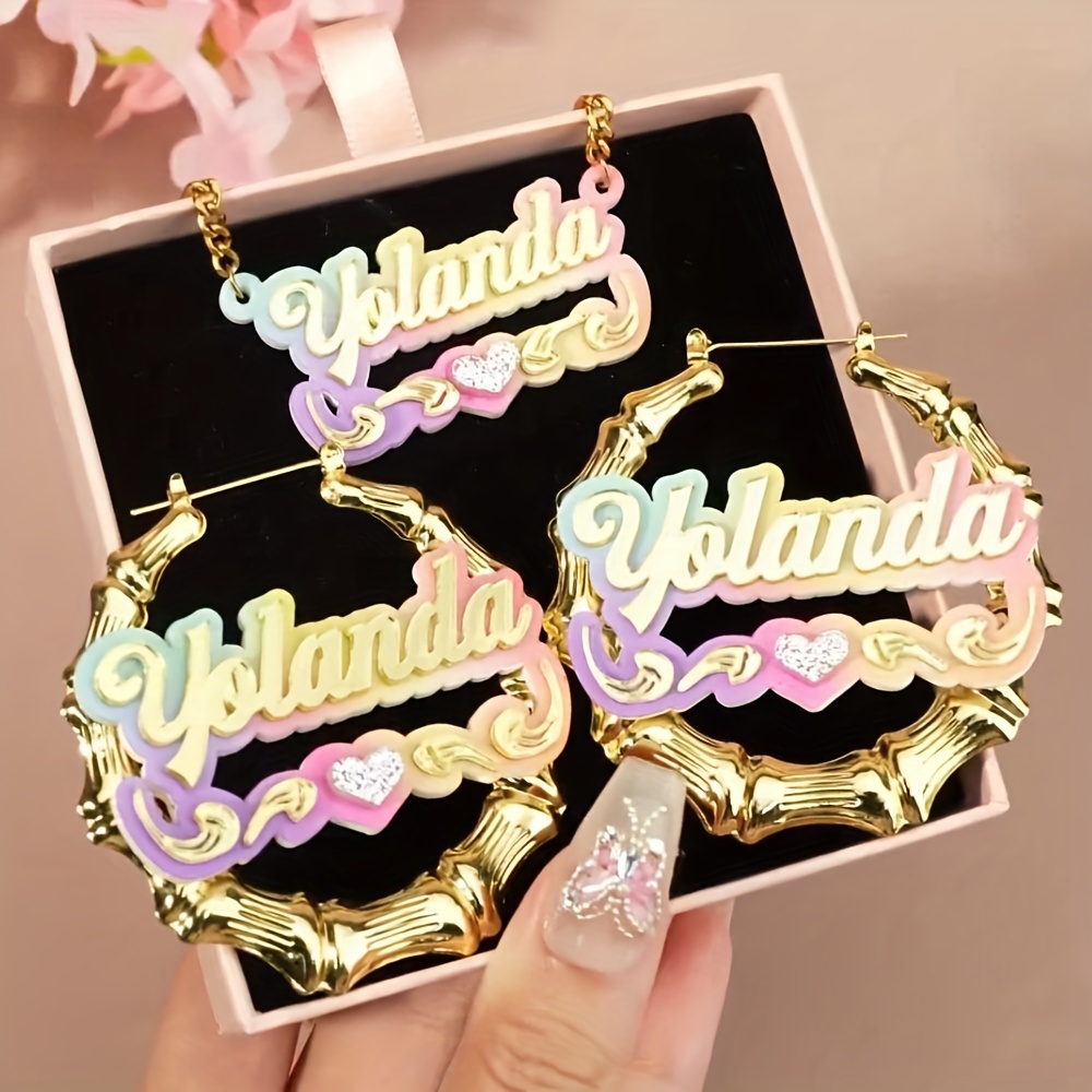 TEMU [includes Greeting Card] [customizable] 2pcs Custom Name Acrylic Earrings/necklace Set Christmas Y2k Rainbow Gradient Personalized Diy Round