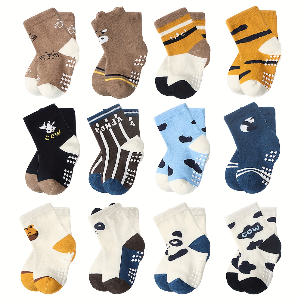 

12-piece Cute Bear & Cow Pattern Cotton Blend Non-slip Gripper Socks For Boys And Girls, Breathable Mid-calf Toddler Socks 0-7 Years