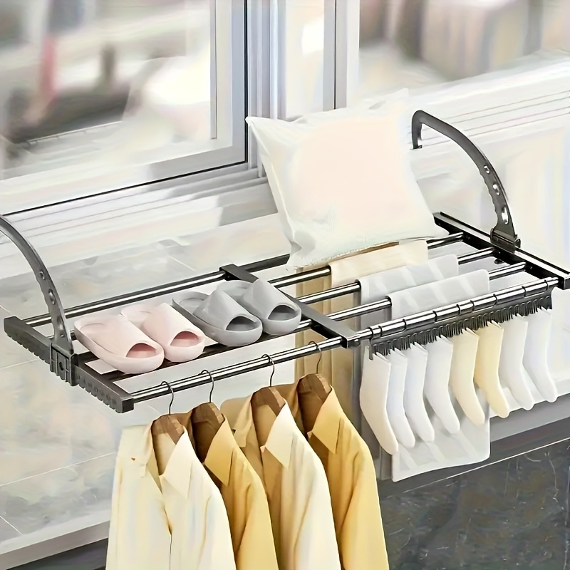 Adjustable Window Drying Rack Space-Saving Expandable Pole Design,  Wall-Mounted Indoor/Outdoor Laundry Organizer with Hooks for Clothes,  Shoes,