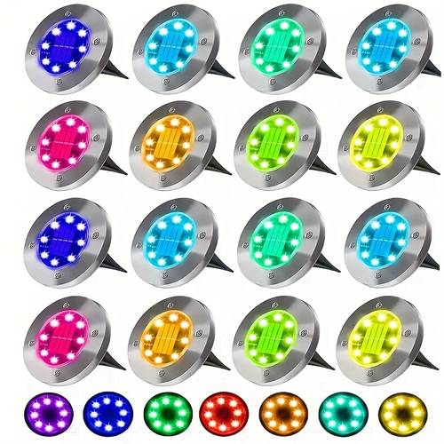 16pcs colorful 8led solar powered stainless steel ground lights for garden and lawn decoration automatic color charge rust resistant outdoor lighting with adjustable brightness solar garden lights