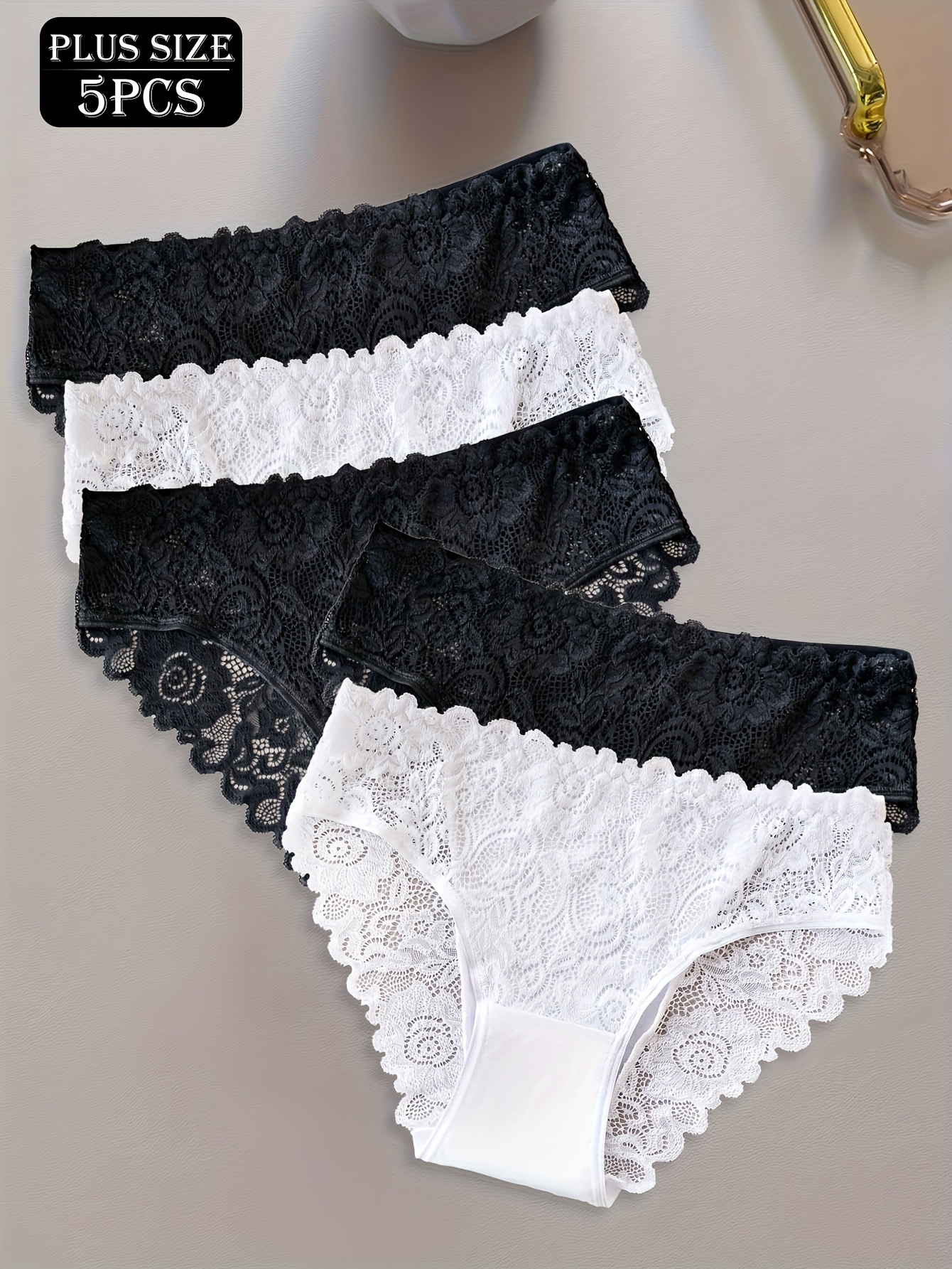 5-Pack Women's Plus Size Lace Stitching Underwear - Elegant Floral Print, Breathable & Comfortable Mid-Rise Briefs (XL-5XL), Daily Wear Underwear | Feminine Elegance | Intricate Lace Detail