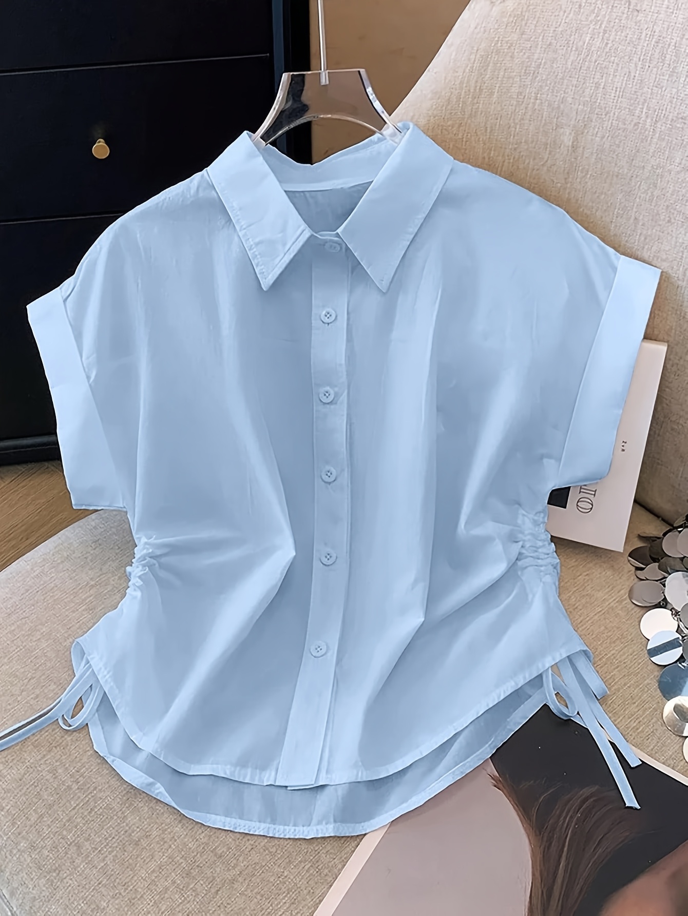 womens casual short sleeve single breasted button up short shirt with drawstring simple loose   for   and commuting suitable for summer