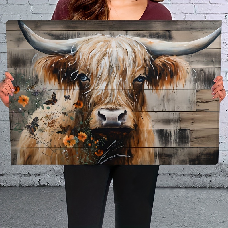 

1pc Wooden Framed Canvas Painting Highland Cow And Butterfly Wall Art Prints For Home Decoration, Living Room & Bedroom, Festival Party Decor, Gifts, Ready To Hang