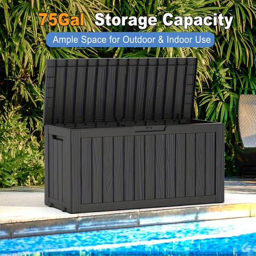 75gallon deck box outdoor storage box weatherproof and uv resistant resin package delivery and storage box with lockable lid for patio furniture cushions pool accessories garden tools valentines decorations for valentines gift camping box cabinet rack for outdoor storage