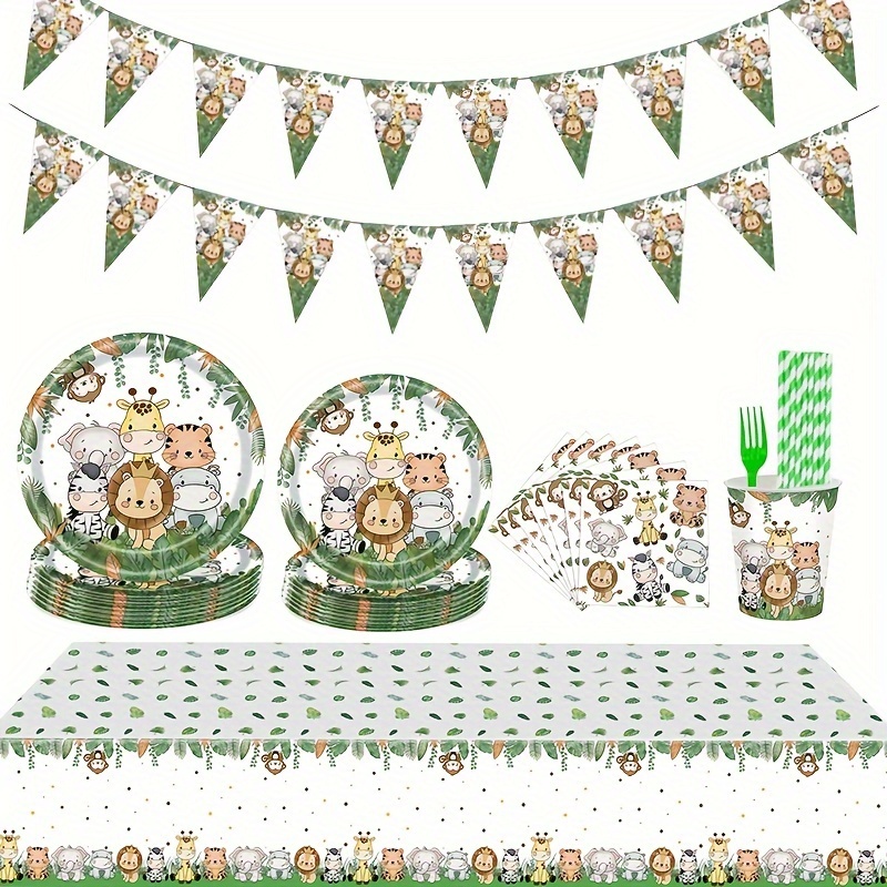 

147pcs Jungle Wildlife Themed Party Tableware Set, Birthday Party Tableware Set, Green Paper Plates, Napkins, Cups, Tablecloths, Pennants, Forks And Straws, 24 Guests