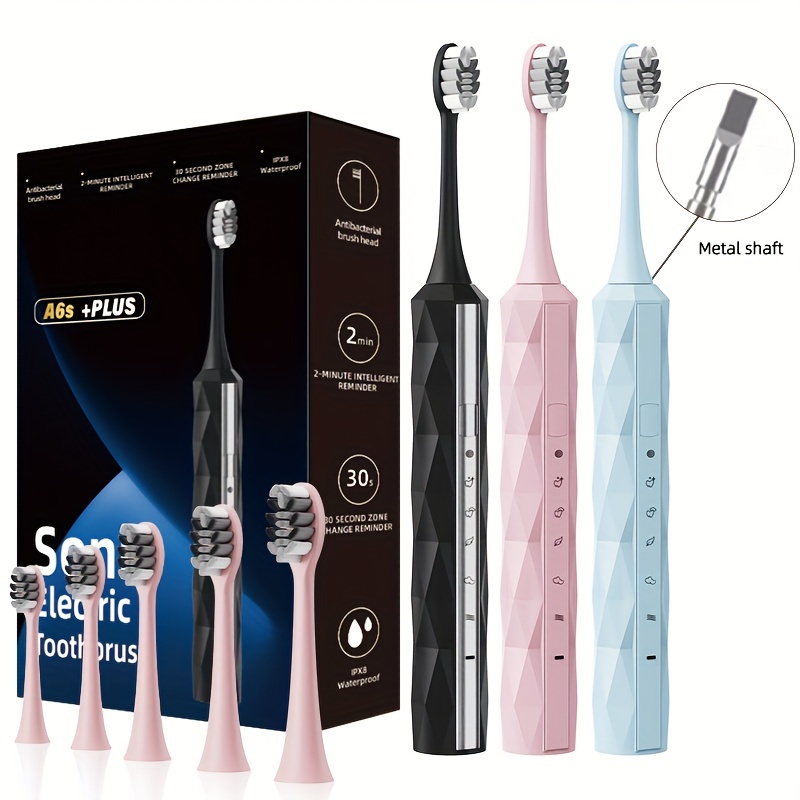 

Toothbrush For Men And Women, Ipx8, Usb Rechargeable 500mah Battery, 5 Replacement Brushheads, 4 Cleaning , 2 , 30s , Metal For Adult Toothbrush