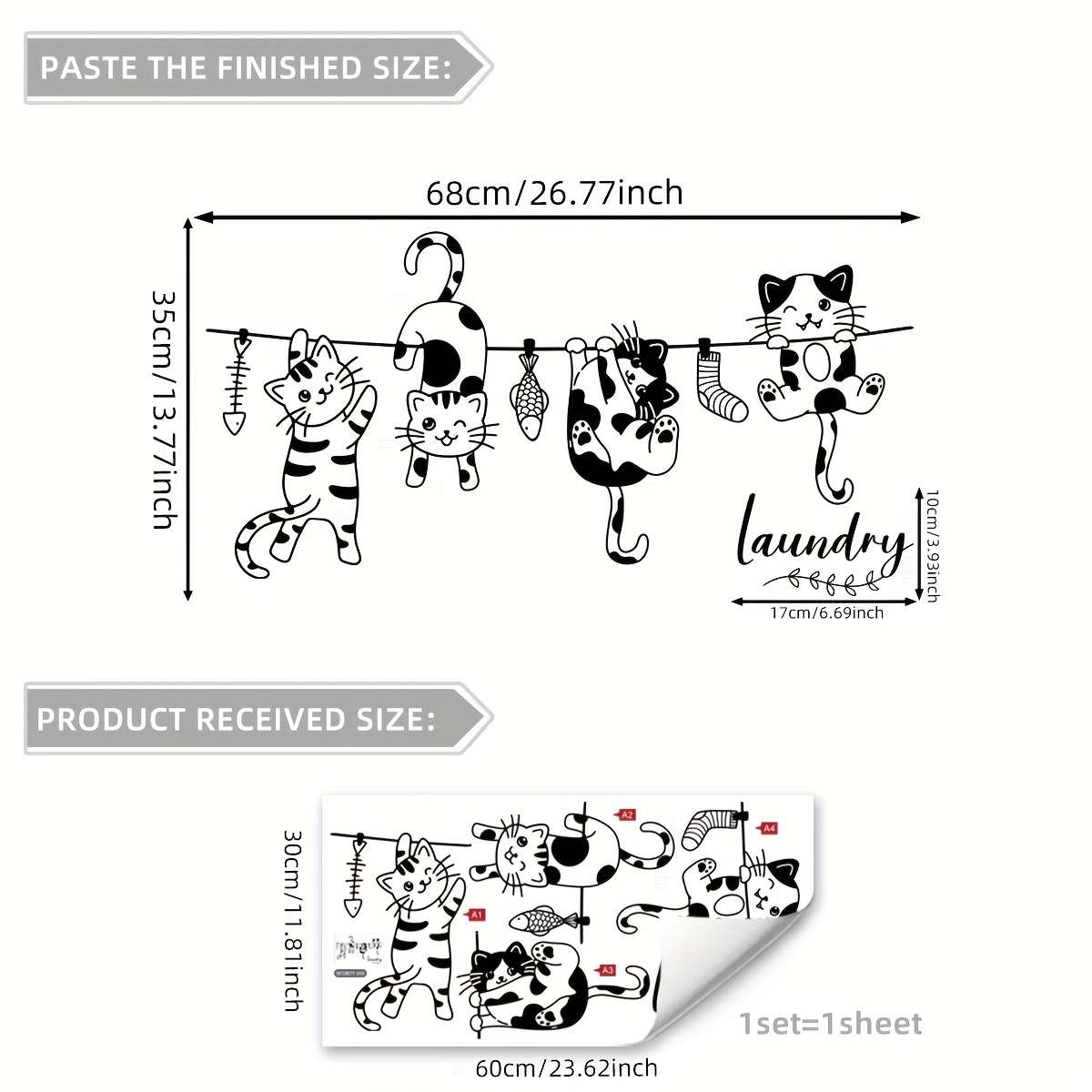 A Hand-drawn Black And White Cat Wall Sticker For Decor, Suitable For Laundry Rooms, , Bedrooms, And