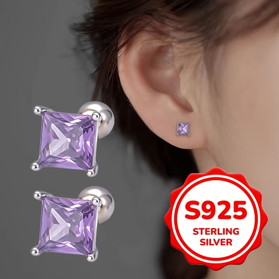 

925 Sterling Silver Purple Synthetic Zirconia Geometric Earrings For Women, Screw Balls, Hypoallergenic Jewelry