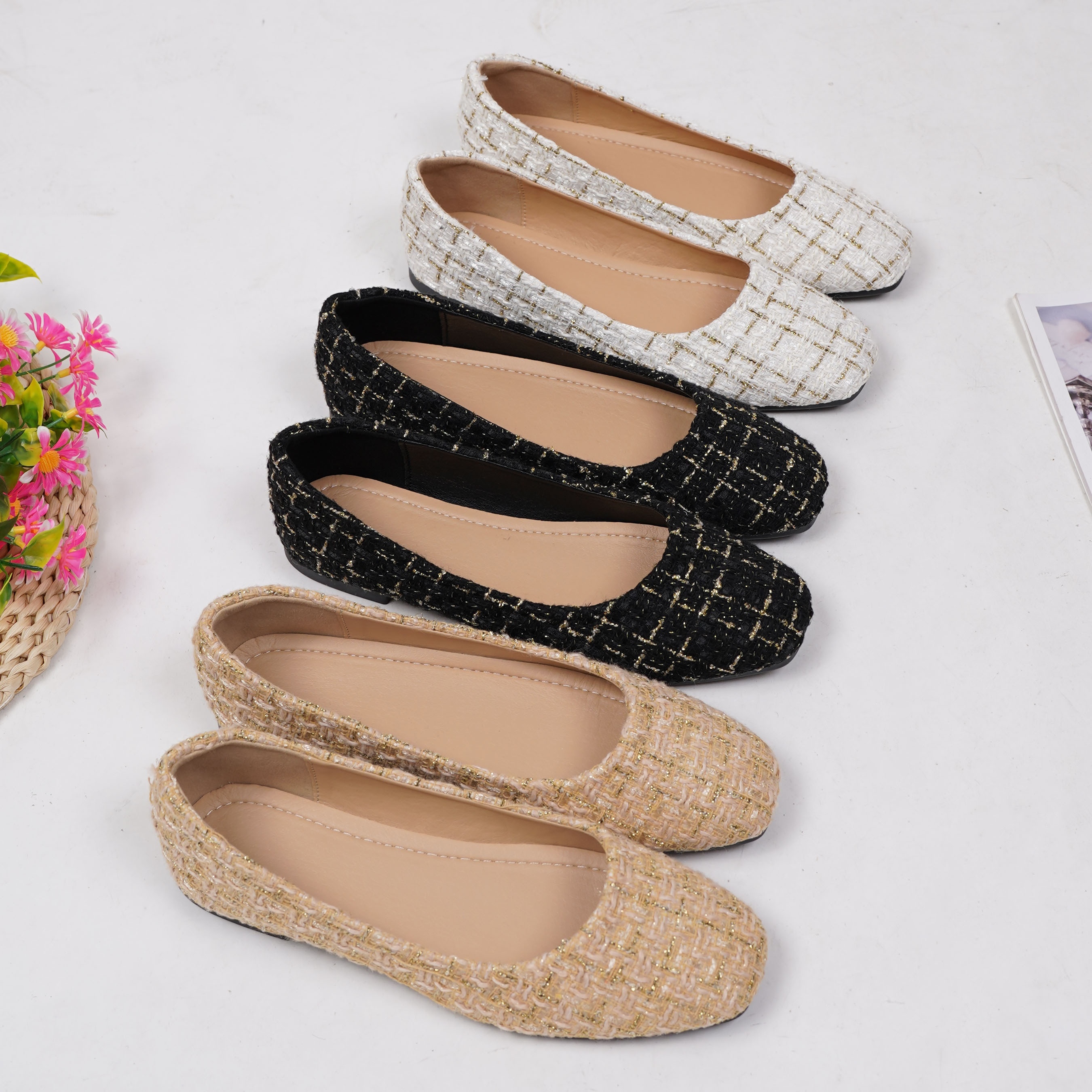 

Women's Tweed Flat Shoes, Comfy Square Toe Soft Sole Shoes, All-match Slip On Commuter Flats