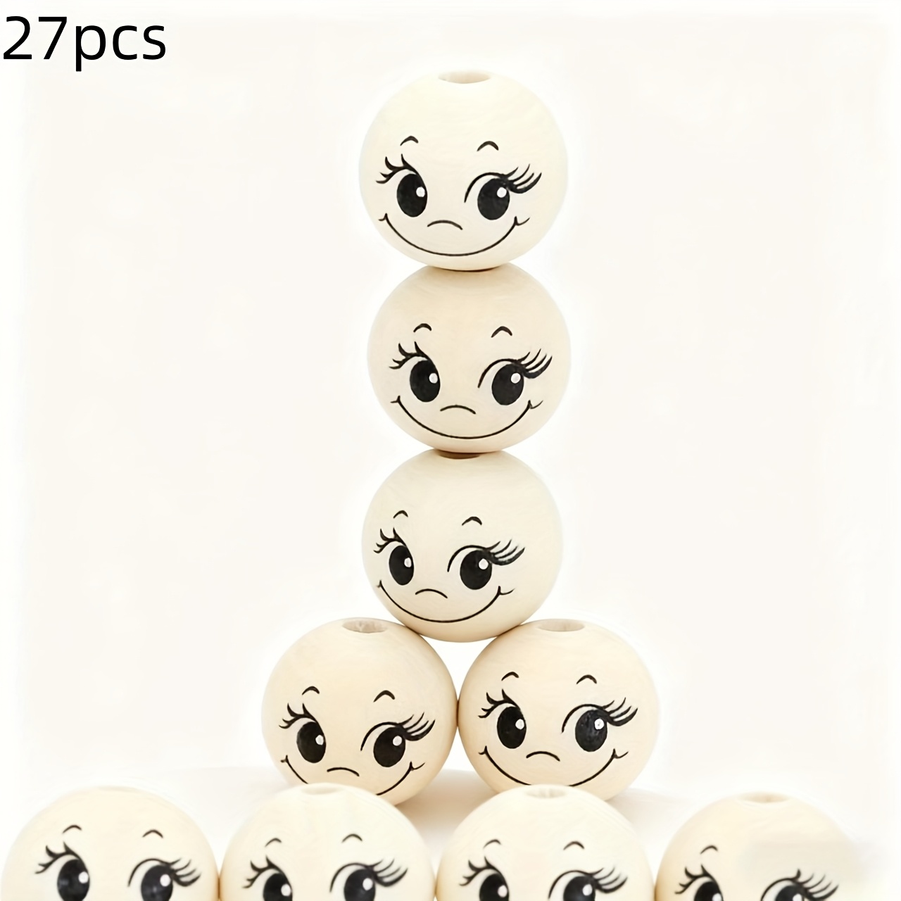 Image of 27pcs/12pcs Large 30mm Wood Beads With Big Eyes & Blush Cheeks - Wood Grain Diy Craft Beads For Jewelry Making, Keychains, Christmas Tree Ornaments, Face Charms (bulk Pack) -