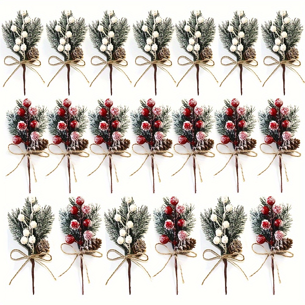 

20pcs Artificial Stems Pine Branches With Bow, Christmas Pine Picks Fake Wreath Picks Mini Flocked Holly Spray Stems For Christmas Tree Crafts Holiday Decor