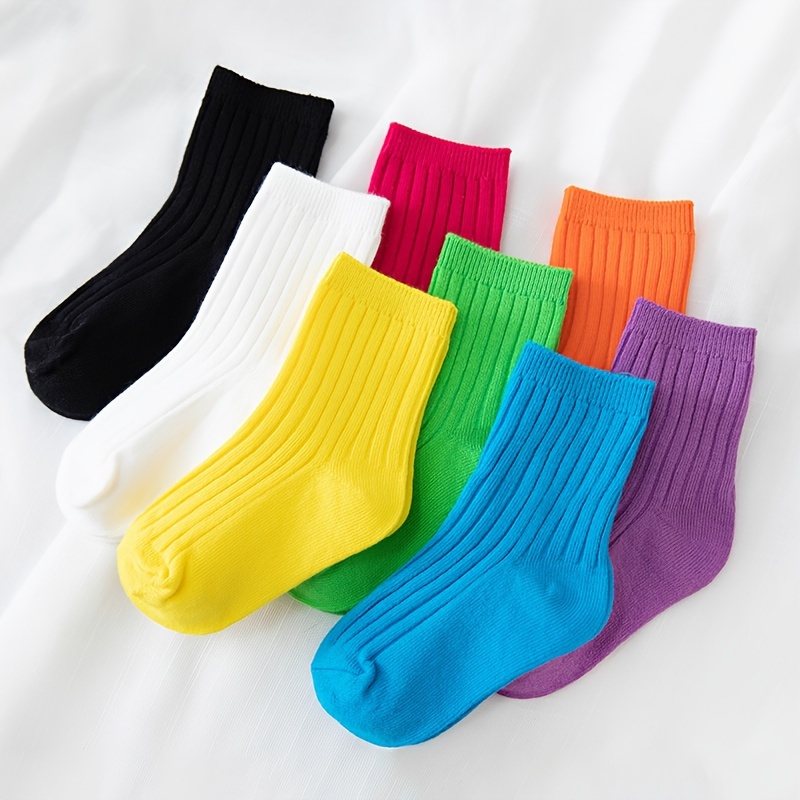 

6 Pairs Of Girl's Colorful Solid Knitted Socks, Cotton Blend Comfy Breathable Soft Crew Socks For Outdoor Wearing