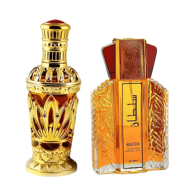 Image of 2pcs Men's Arabian Perfume Set Mysore Sandalwood Eau De Parfum And Eau De Toilette, And Oriental Scent, Luxury Carved Design, Long-lasting, Ideal Gift