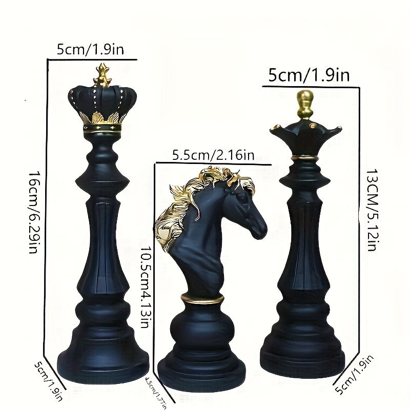 TEMU 3pcs Set Of Nordic Style Chess Set Statue Ornaments - Black Resin Chess Pieces, Suitable For Home Decoration, Indoor Multi-functional Displayfor