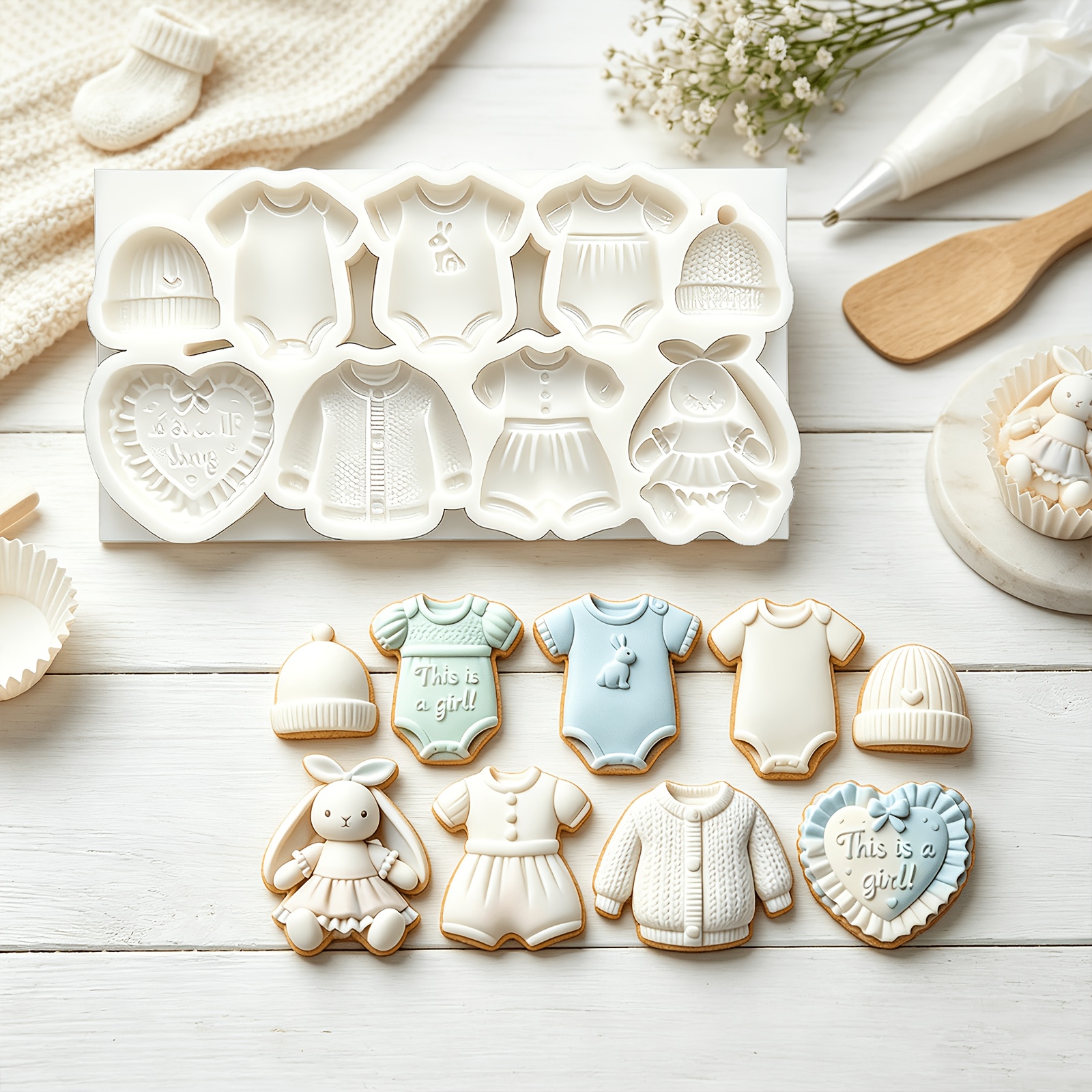 TEMU Moule en silicone bonbon pour pull, bonnet et robe tricotés, moule pour pâte à chocolatée poupée lapin à oreilles tombantes de Cœur en dentelle,