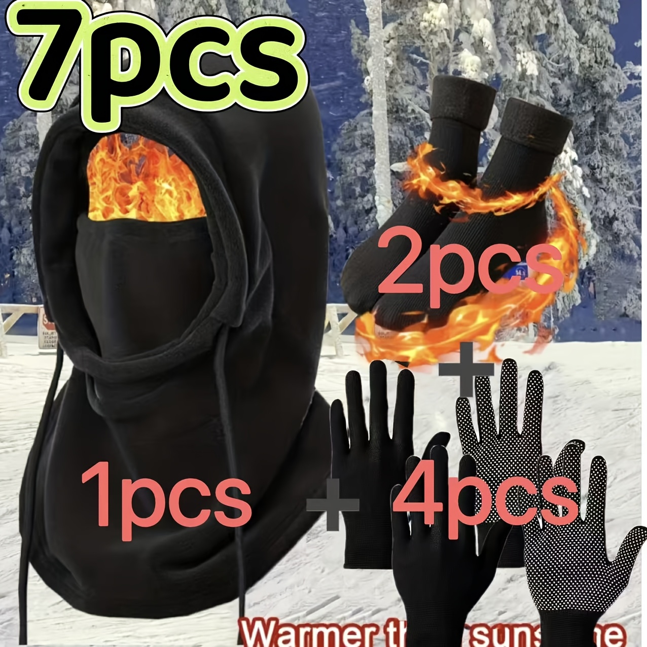 TEMU 7pcs Set, Including 1pc Fleece Windproof Head Cover, 4pcs Gloves, 2pcs Thick Warm Socks, Cold Proof And Temperature Locking, , Suitable For