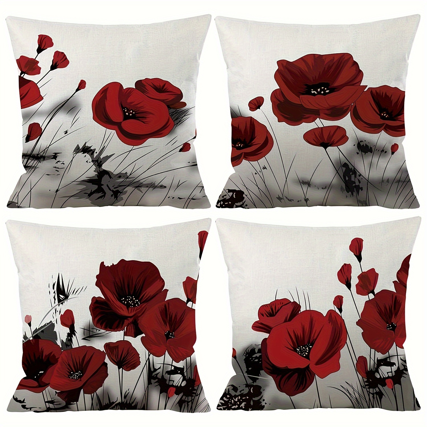 

Floral Throw Cushion Covers, 18x18 Inch, Set Of 4, Knit Polyester Fabric, Machine Washable, Zippered Closure, Decorative Red Poppy Design For Room Types