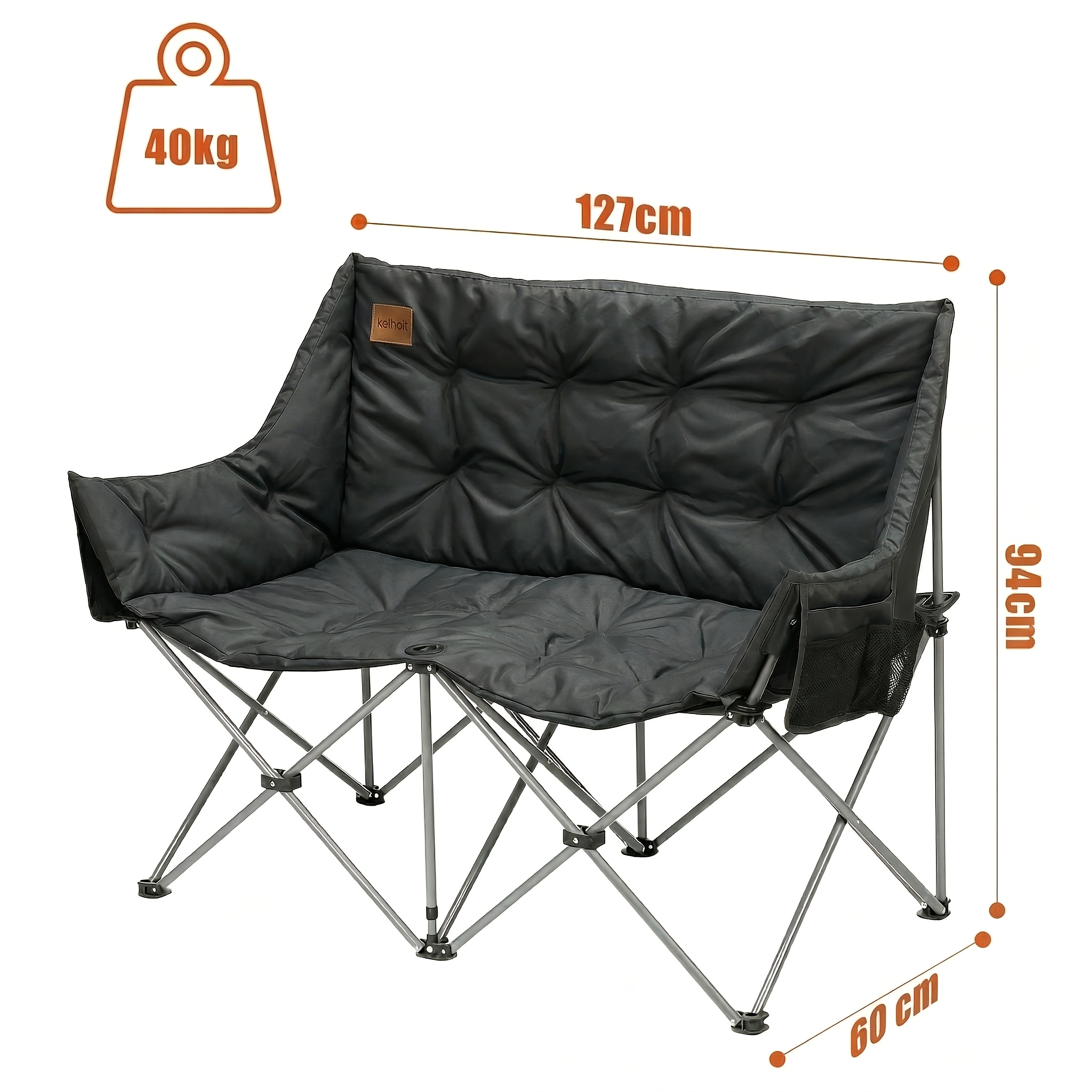 TEMU Double Camping Chair Folding Outdoor Loveseat With 6cm Thick Cushion & Storage Bag, 600d Oxford Pu Fabric Steel Tube Portable Camping Chairs For
