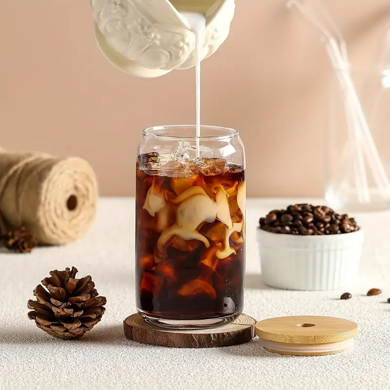 12pcs glass straw cup with bamboo lid mason jar water cup iced coffee cup glass cup with bamboo lid cute cup reusable suitable for furniture kitchen hotel home party supplies 18 7 ounces 550 milliliters Product details 1