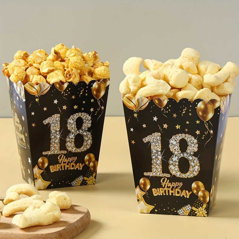 

6pcs, 18/21/30/40/50/60 Years Old Black Gold Birthday Popcorn Boxes, Happy Birthday Popcorn Box, Disposable Birthday Party Tableware, Event And Party Supplies