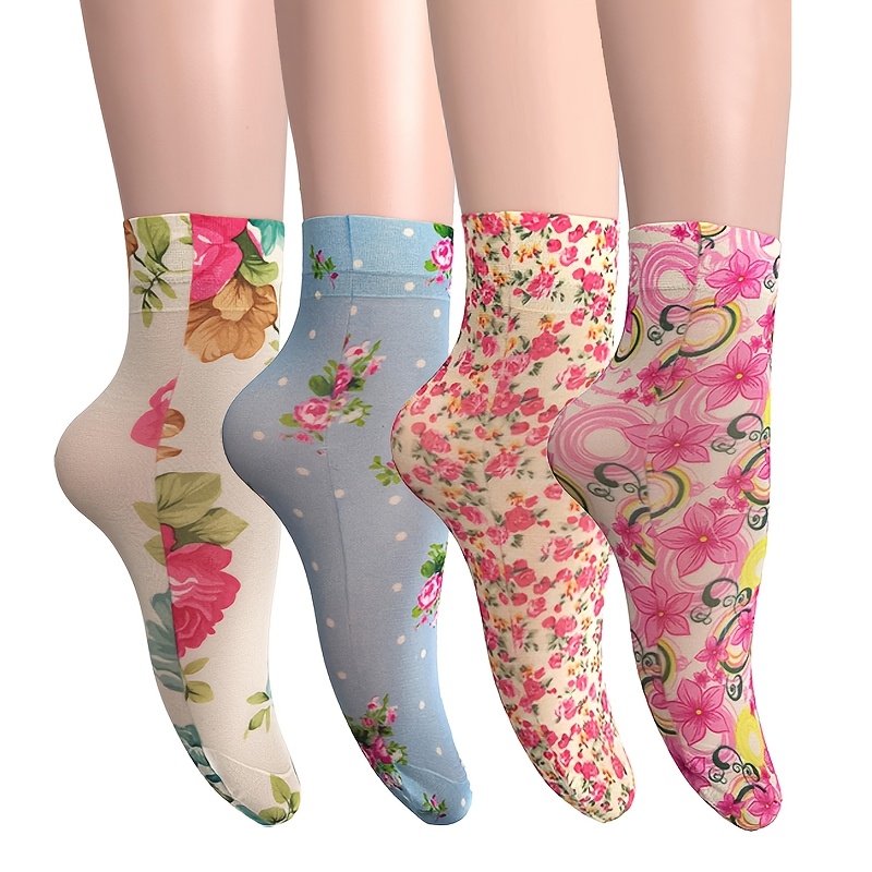 E-shop 4 Paar Damensocken für Frühling/Sommer, bunte Blumendruck-Knöchelsocken, hochelastisch, bequem, atmungsaktiv, ultradünne kurze Strumpfhose mit
