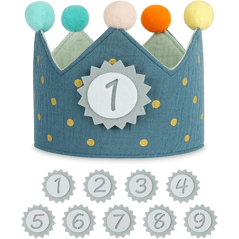 TEMU 1pc Of Interchangeable Number Badge Birthday Crown Hats, Adjustable Head , Reusable Headwear, In Blue And Pink, Unisex Birthday Party Decoration