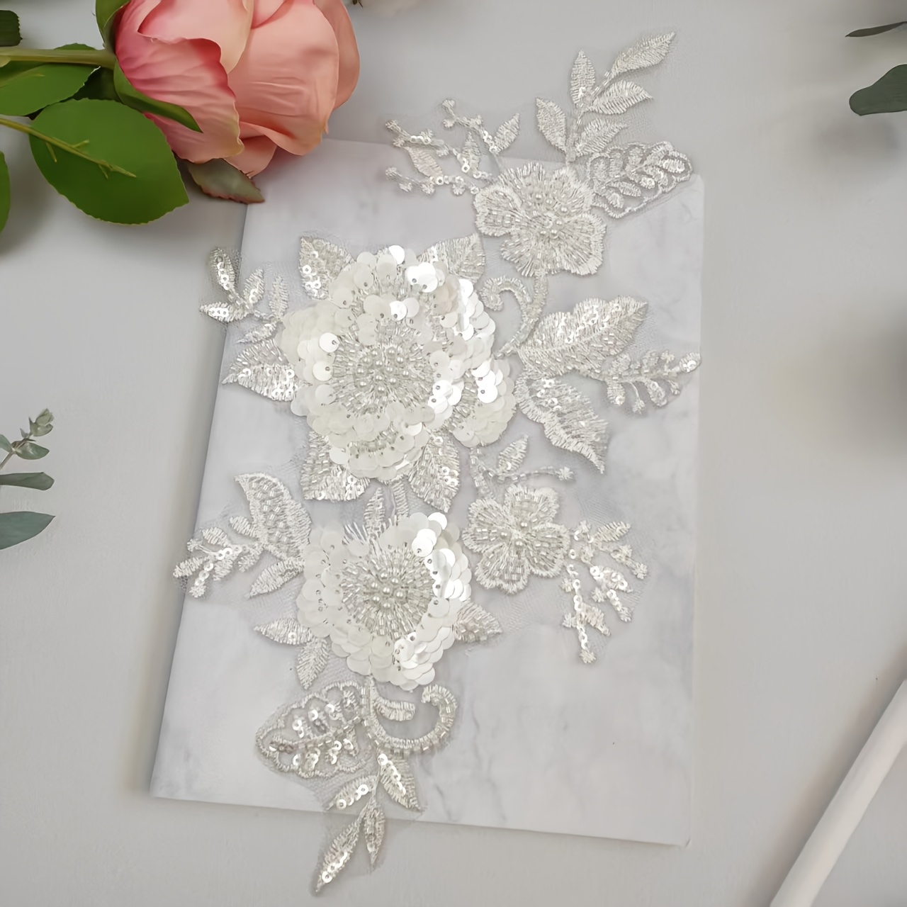 TEMU Decorazioni per abiti da sposa con gonna, gonna, patch, addizioni per abbigliamento, con applicazioni in pizzo a rete non adesivo con perline