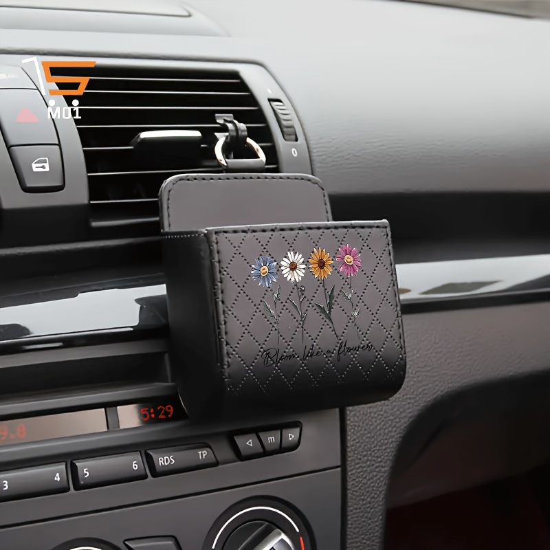 TEMU 1pc Multicolor Like A Flower Pattern Print Car Vent Hanging Storage Box Car Organizer Multifunctional Phone Holder Faux Leather Car Phone Stand
