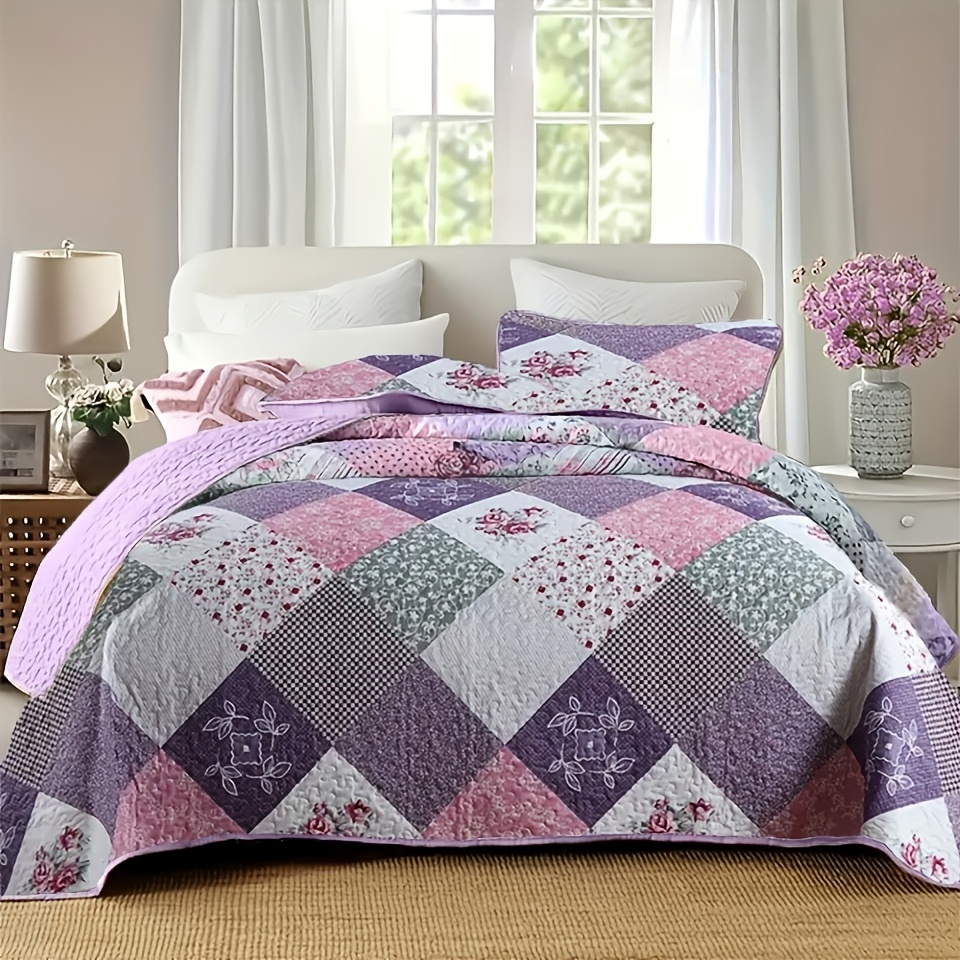 TEMU 3pcs Quilt Set - Vintage Floral Reversible Bedspread, Oversized King/queen Size
