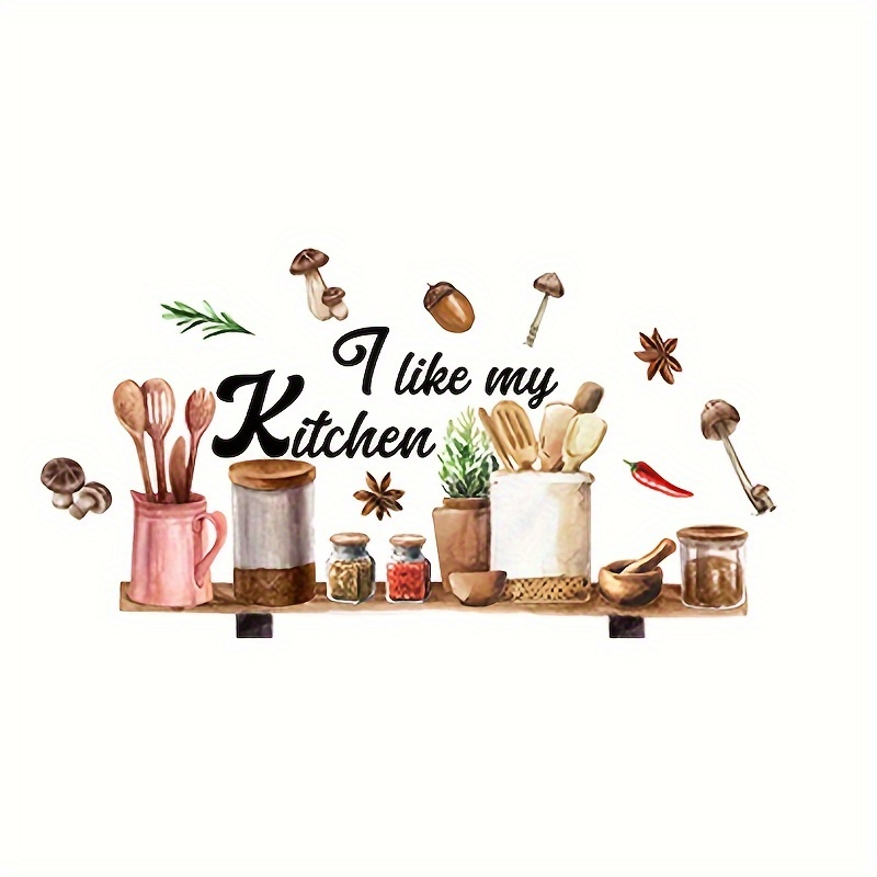 A Kitchen Wall Sticker With English Slogans, Featuring Utensils And Spices, Perfect For Decorating Your Kitchen Background Wall, Self-adhesive And Removable