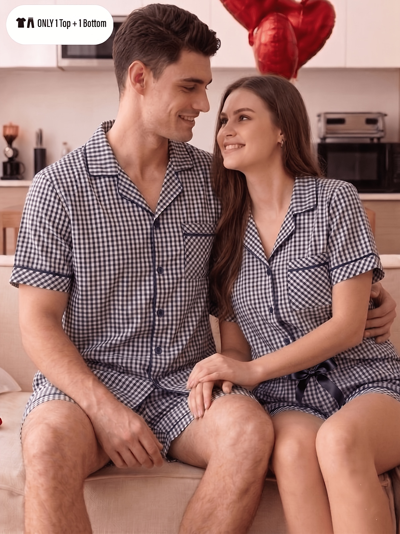 MEN/WOMEN Romantic Valentine's Day Couple's Style Spring/Autumn/Summer Pajamas, Gifts for Couples, Anniversary Gift, Plaid British Style Cardigan Button-Up Men's or Women's Short-Sleeve Top + Shorts Single Set Loungewear
